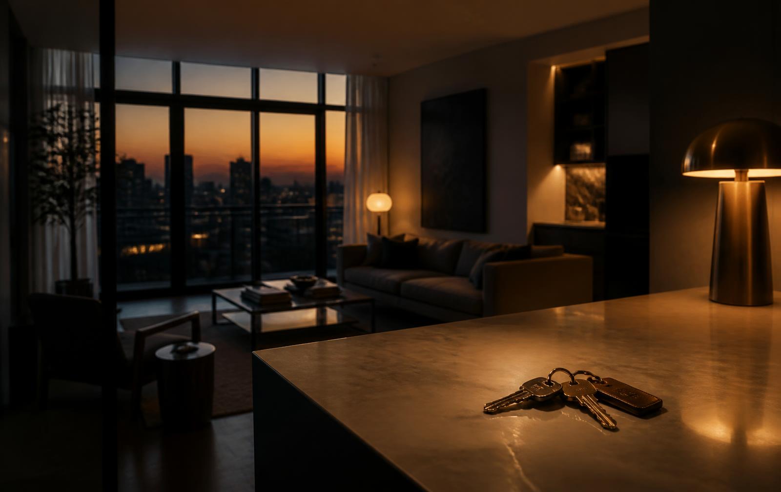 Interior de apartamento ao anoitecer com chaves sobre a bancada